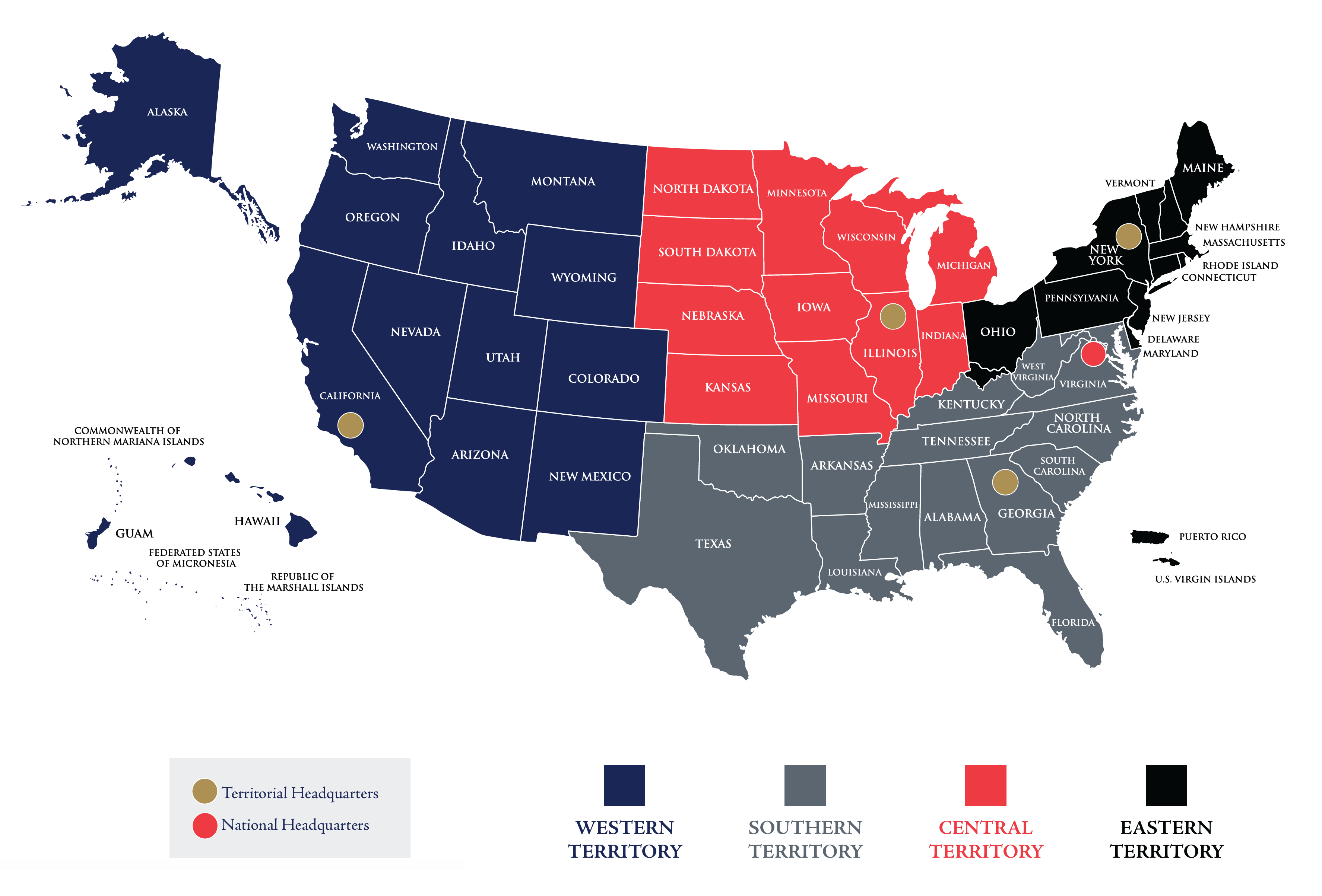 Map of The Salvation Army's four U.S. territories